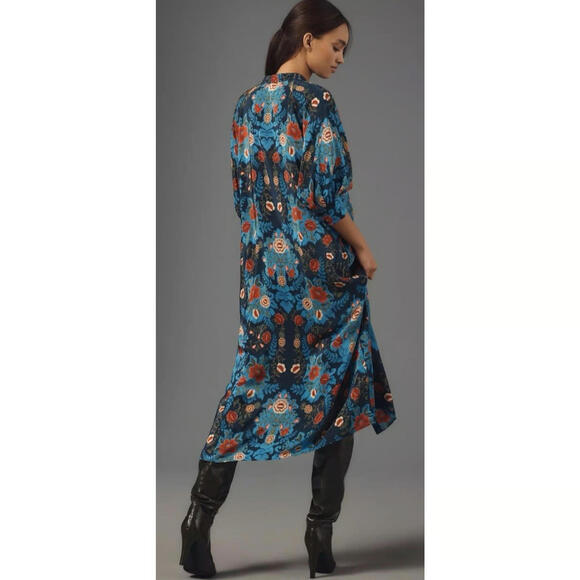 NEW, Farm Rio  Blue Arabesque Floral Print Midi dress size S #MD1130 - Picture 4 of 10